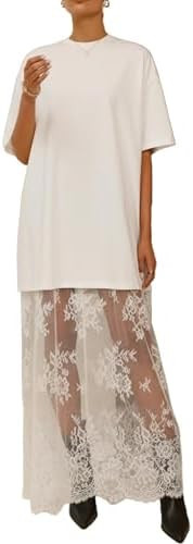 Pinclodly Womens Short Sleeve Lace Maxi Dress Summer Patchwork Tshirt Dress | Amazon (US)