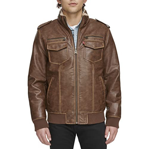 Levi's Men's Faux Leather Aviator Bomber Jacket Coat, Brown, S | Amazon (US)