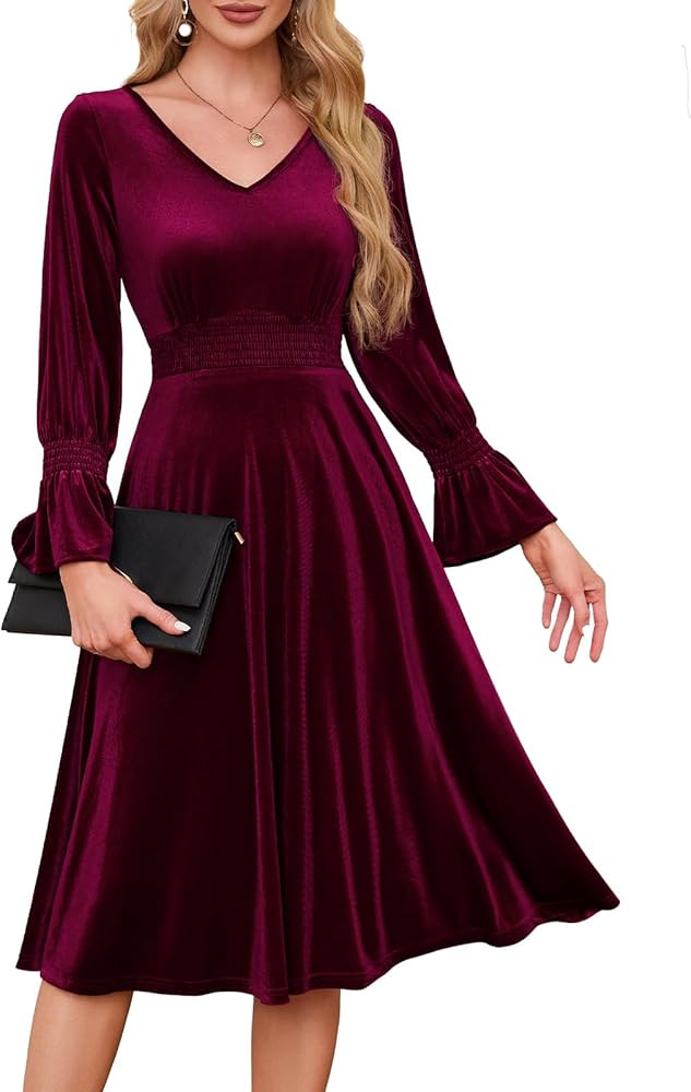 Meetjen Women's Velvet Midi Dress V Neck Long Sleeve Elastic Waist Smocked Elegant Cocktail Party... | Amazon (US)