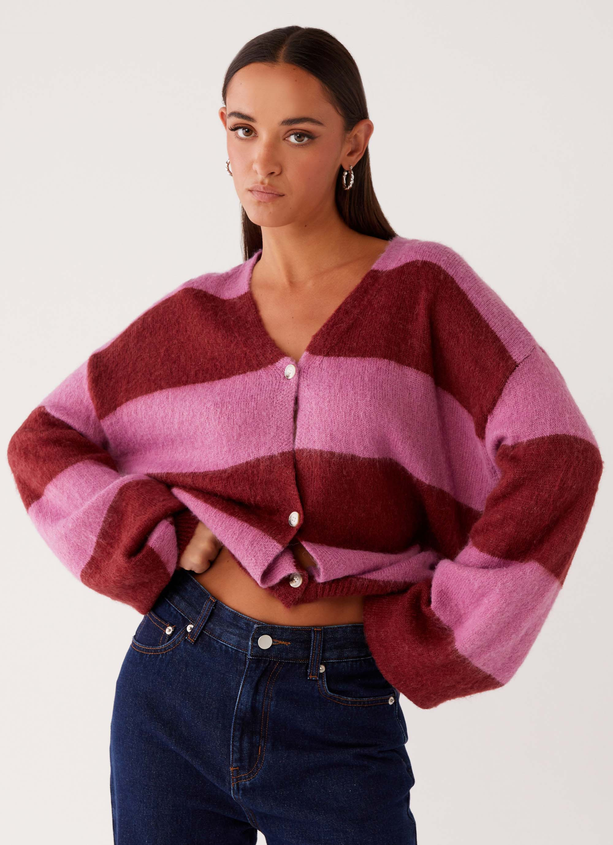Ainslee Oversized Knit Cardigan - Red Pink Stripe | Peppermayo (Global)