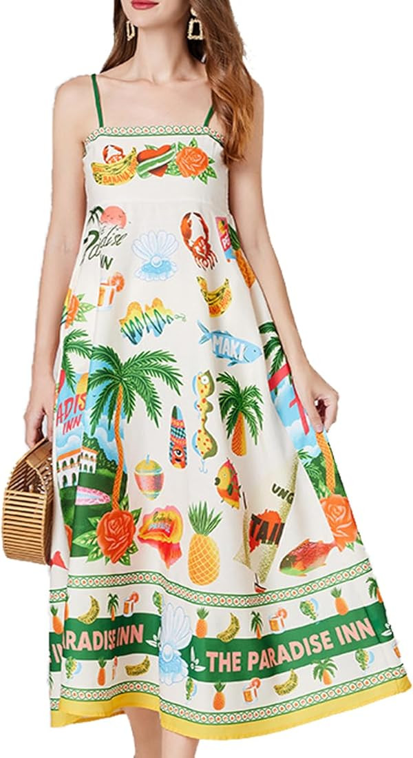 Women Graffiti Printed Maxi Cami Dress Square Neck Sleeveless Spaghetti Strap Boho Dress, Amazon ... | Amazon (US)