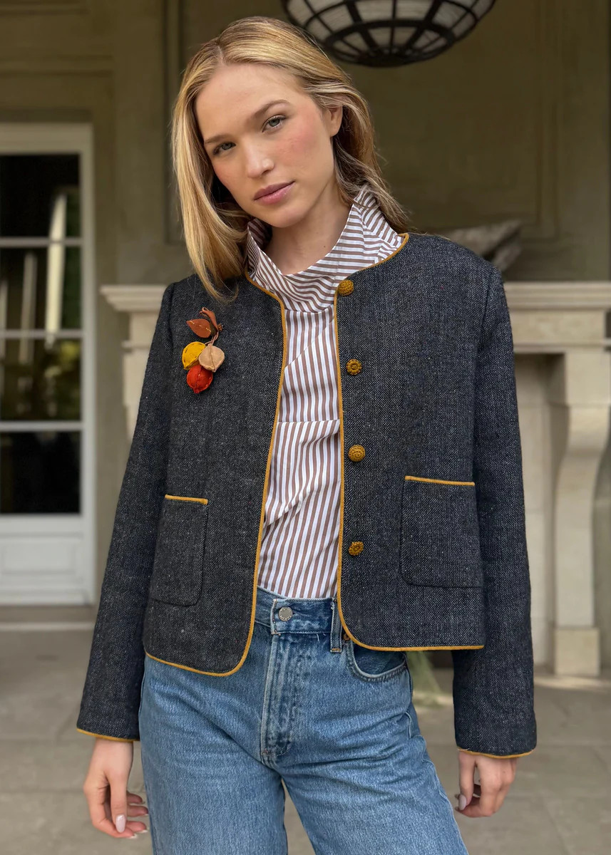 Mabelle Grey Jacket Leaf Applique and Mustard Trim | Benaar La