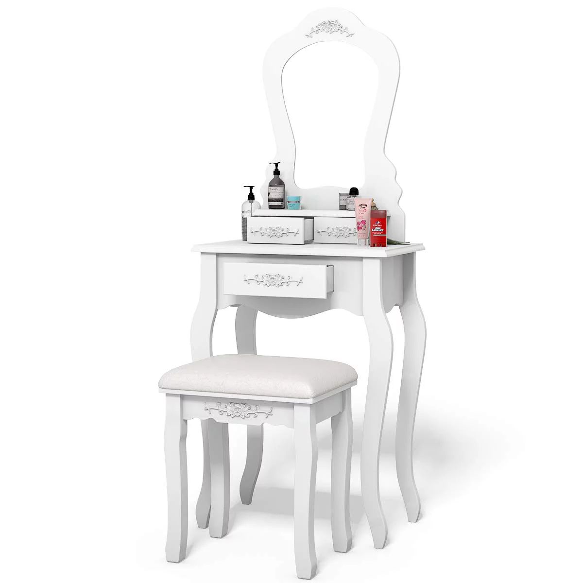 Ktaxon Vanity Wood Makeup Dressing Table Stool Set Bedroom with Mirror & 3 Drawers Girls Women Be... | Walmart (US)