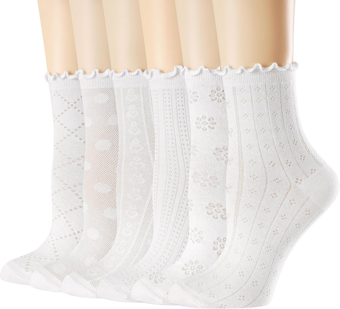 Mcool Mary Women's Ruffle Socks Mesh Casual Lace Cotton Crew Summer Ultra Thin White Frilly Ankle... | Amazon (US)