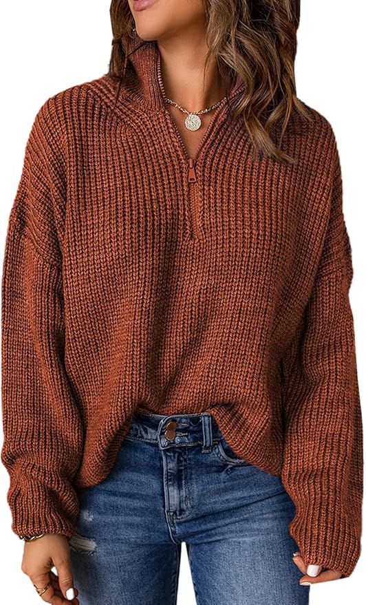 EVALESS Sweaters for Women Waffle Kint Long Sleeve 1/4 Zip Pullover Polo V Neck Sweater for Women | Amazon (US)