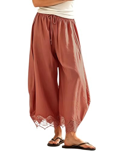 Women's Cropped Lace-Hem Pants Lace Trim Wide Leg Pants Drawstring Casual Lightweight Flowy Palaz... | Amazon (US)