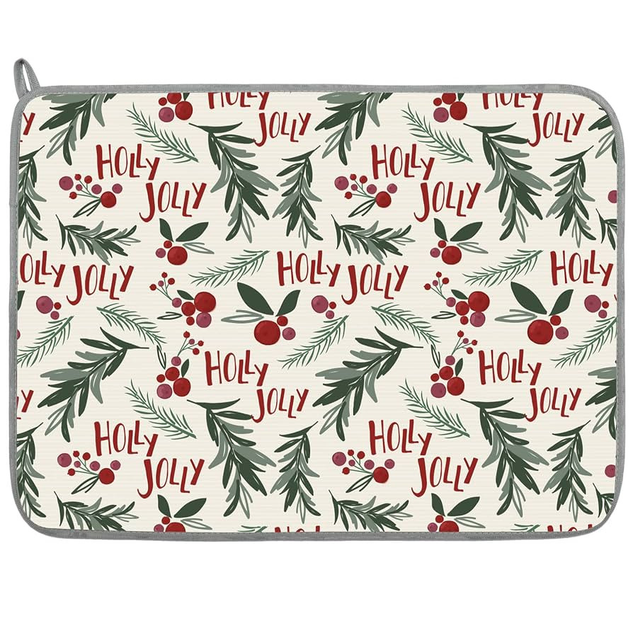 Christmas Absorbent Dish Drying Mat Holy Jolly Berry Leaves Seamless Pattern Dish Drainer Protect... | Amazon (US)