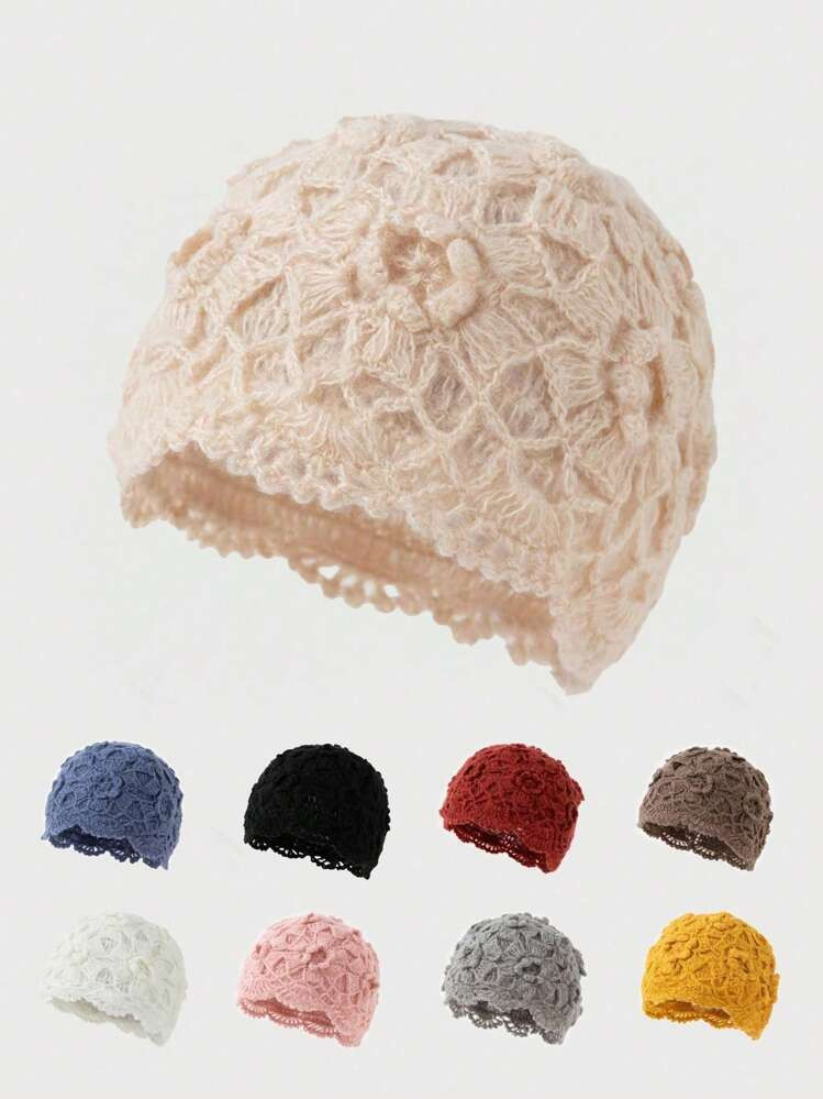 1pc Women's Fashion Hollow-Out Solid Color Lace Trim Handmade Crochet Knit Beanie Hat, Suitable F... | SHEIN