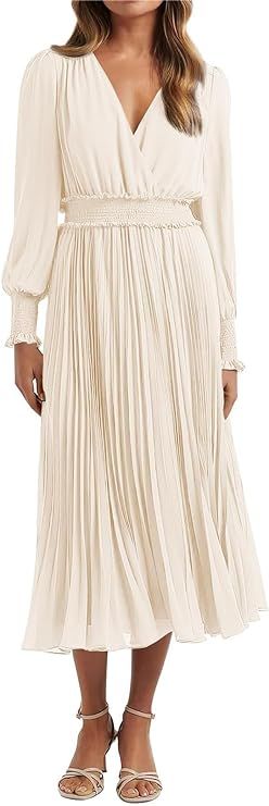 PRETTYGARDEN Womens Wrap V Neck Spring Dresses Wedding Guest Casual Pleated Long Sleeve Midi Dres... | Amazon (US)