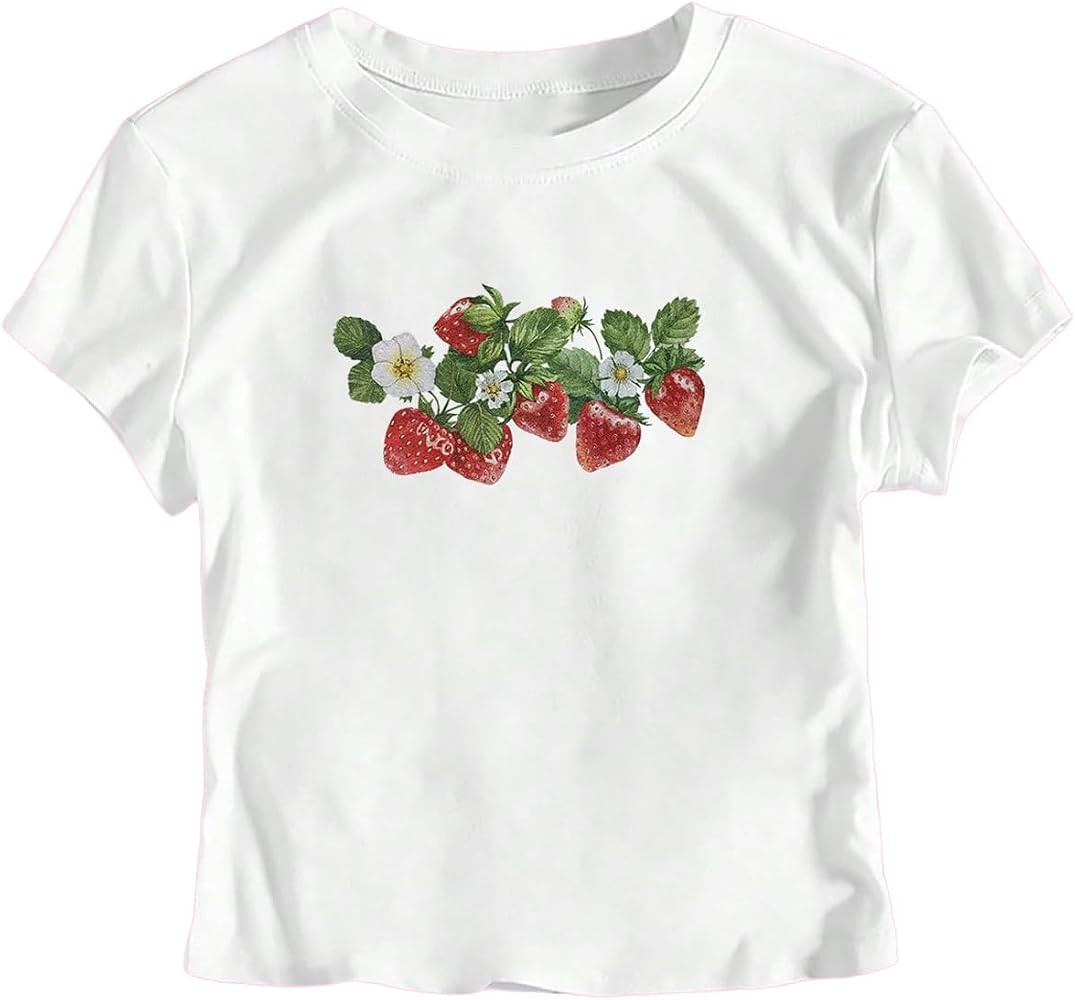 Verdusa Women's Cute Strawberry Shirt Y2k Fruit Graphic Print Crop Tops Short Sleeve Crew Neck Fi... | Amazon (US)