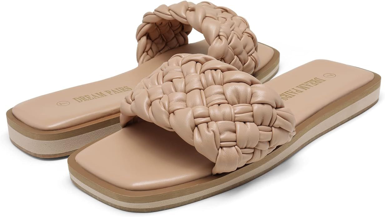 DREAM PAIRS Women's Square Open Toe Slide Sandals Cute Slip on Braided Strap Rhinestone Flat Sand... | Amazon (US)