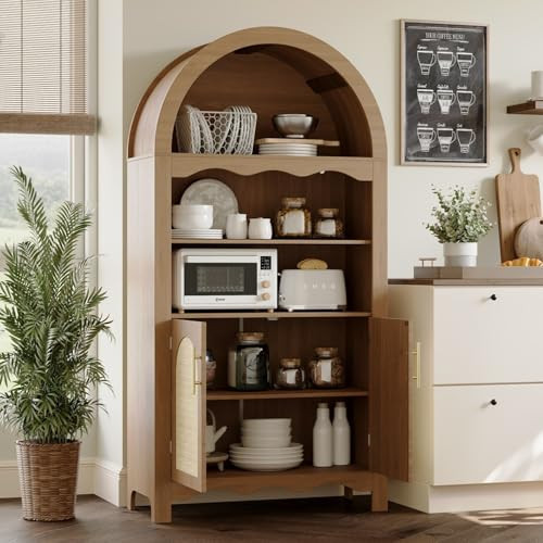 YMBSBUY 63" Arched Kitchen Pantry Cabinet, Arched Cabinet with Rattan Doors & Adjustable Shelves, Versatile Cupboard Arch Cabinets for Kitchen Storage, Dinning Room, Living Room, Entryway, Natural | Amazon (US)