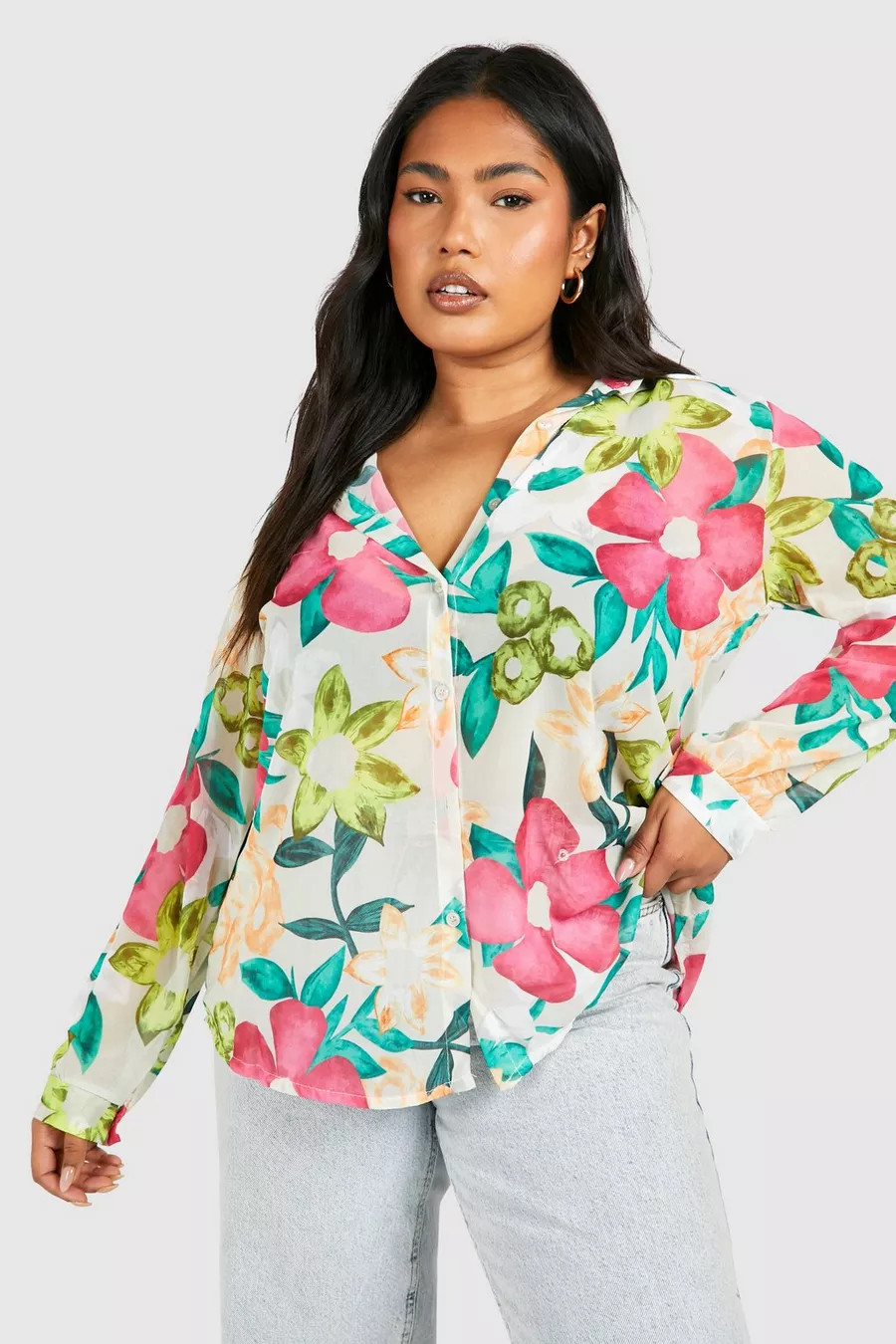 Plus Oversized Chiffon Bloemen Blouse | Boohoo.com (NL)