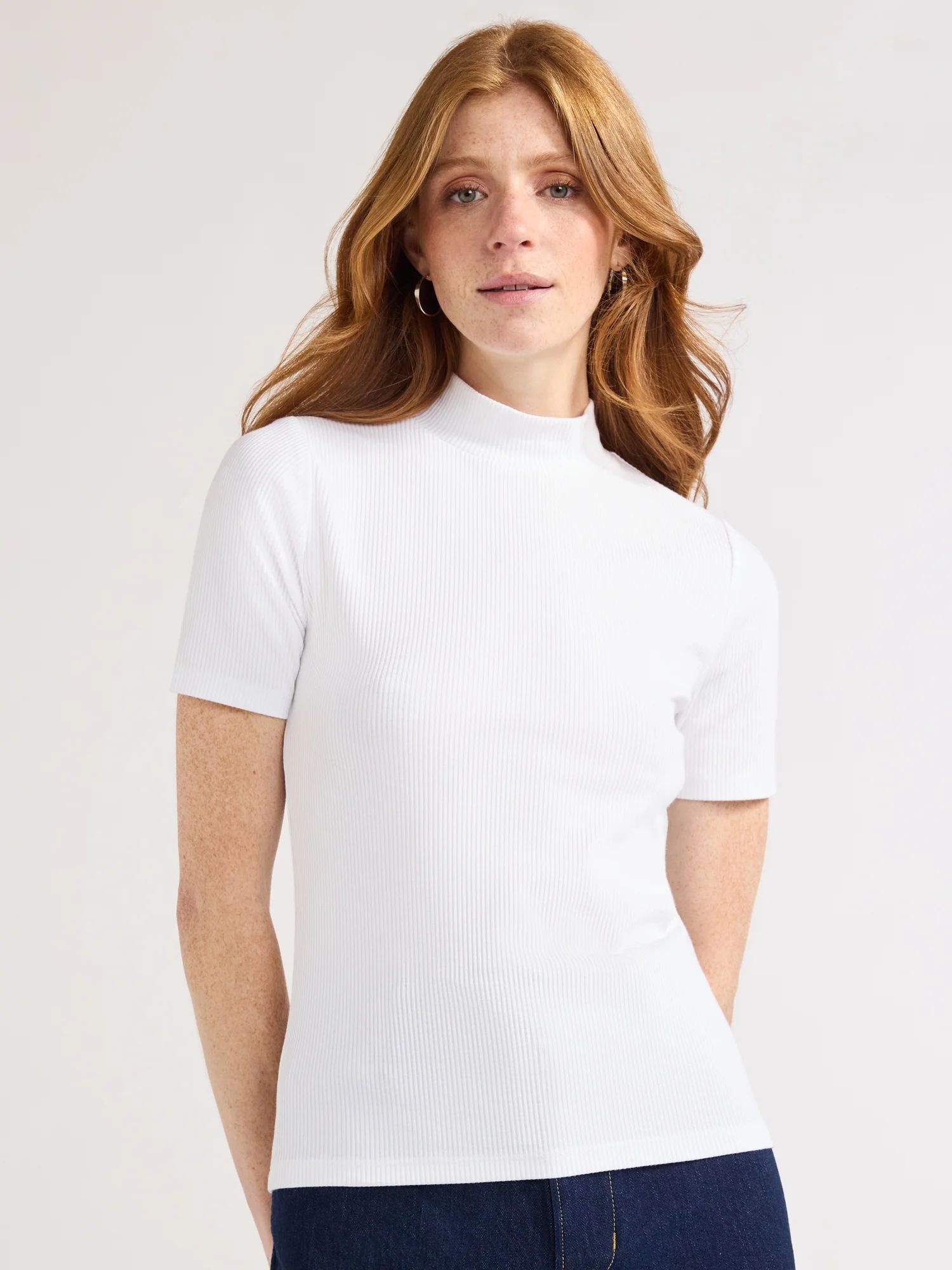 Free Assembly Women's Ribbed Mock Neck Top with Short Sleeves, Sizes XS-XXL | Walmart (US)