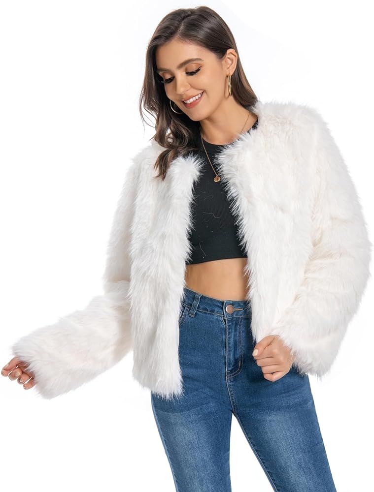 Fur Coat for Women,Faux Furry Long Sleeve Cropped Fluffy Jacket Shaggy Warm Winter Outerwear | Amazon (US)