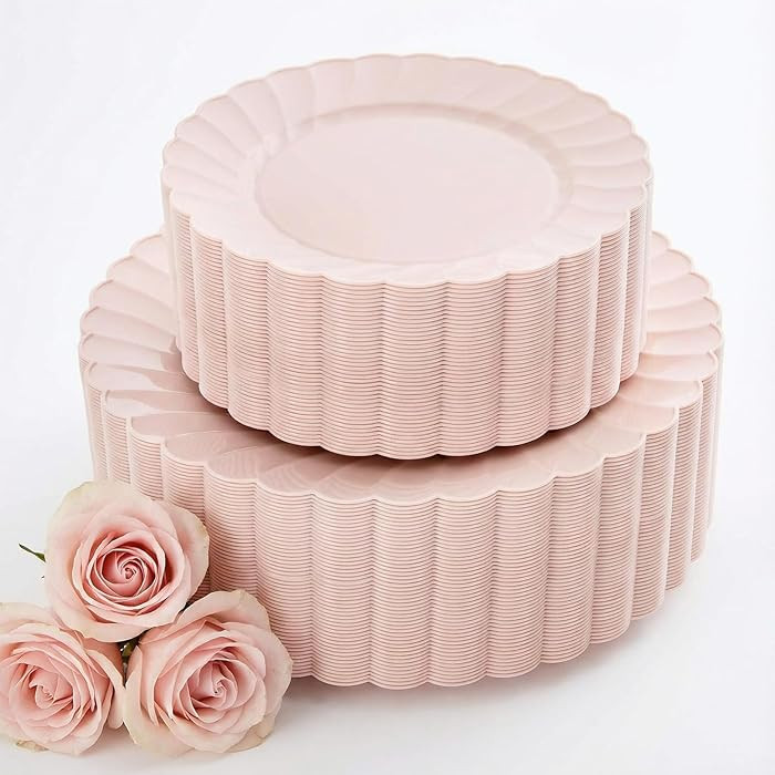 YOUBET 100PCS Pink Scalloped Plastic Plates - Heavy Duty Pink Disposable Fancy Hard Plates Includ... | Amazon (US)