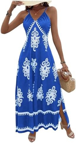 Floerns Women's Boho Print V Neck Split Cami Dress Sleeveless Vacation A Line Maxi Dresses | Amazon (US)