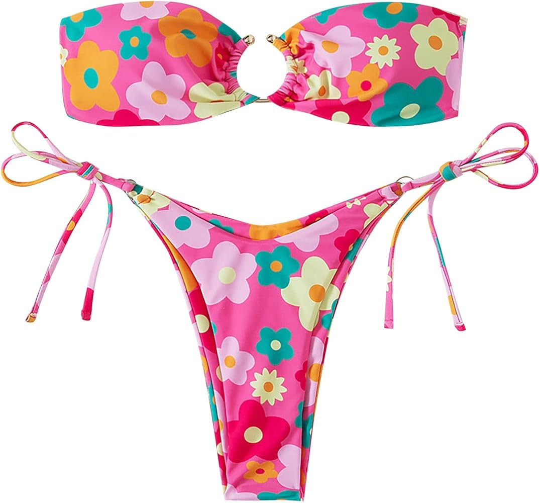 Women's 2 Piece Swimsuit Ring Chain Linked Bandeau Bikini Sets Sexy Low Waisted Tie Side Thong Ba... | Amazon (US)