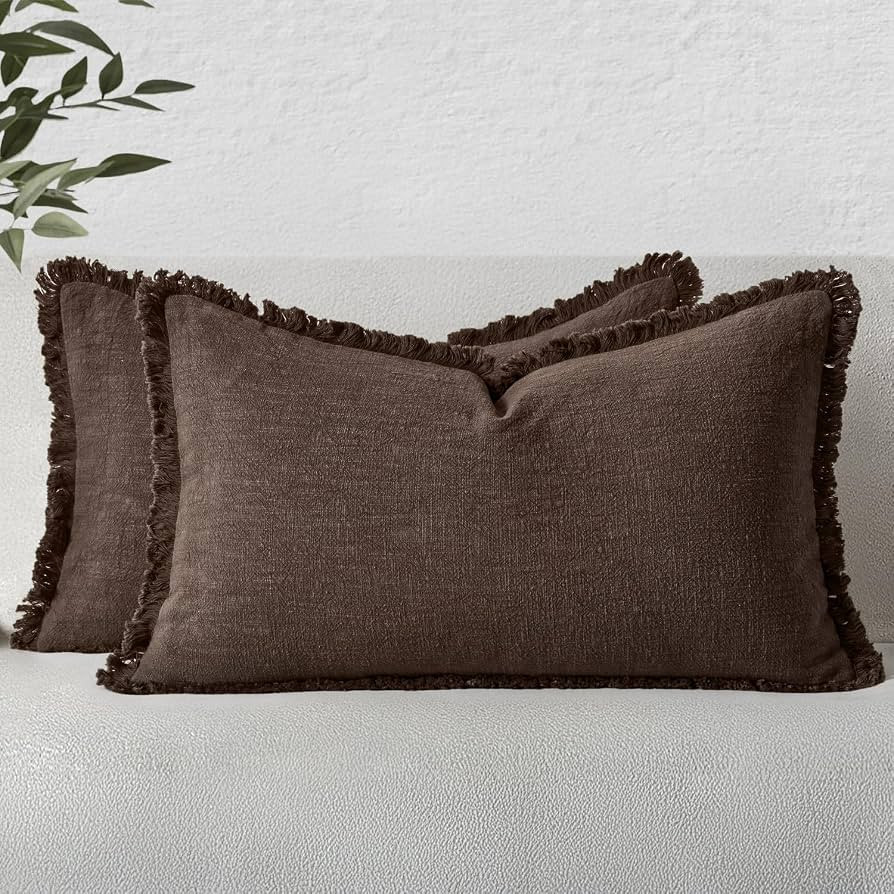 MIULEE Boho Linen Fringe Decorative Fall Pillow Covers Reddish Brown 12x20 | Amazon (US)