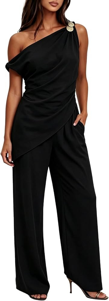 MAKABO Women's 2 Piece Sets Casual Matching Set One-Shoulder Top Wide-Leg Pants with Pockets Summ... | Amazon (US)