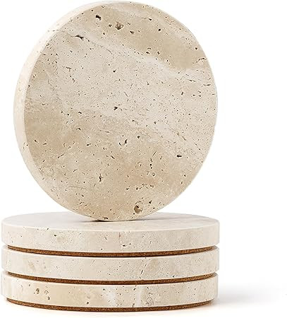 WORHE Natural Travertine Marble Coasters Set of 4-4" Round Stone Drink Coasters, Non-Slip Cork Ba... | Amazon (US)