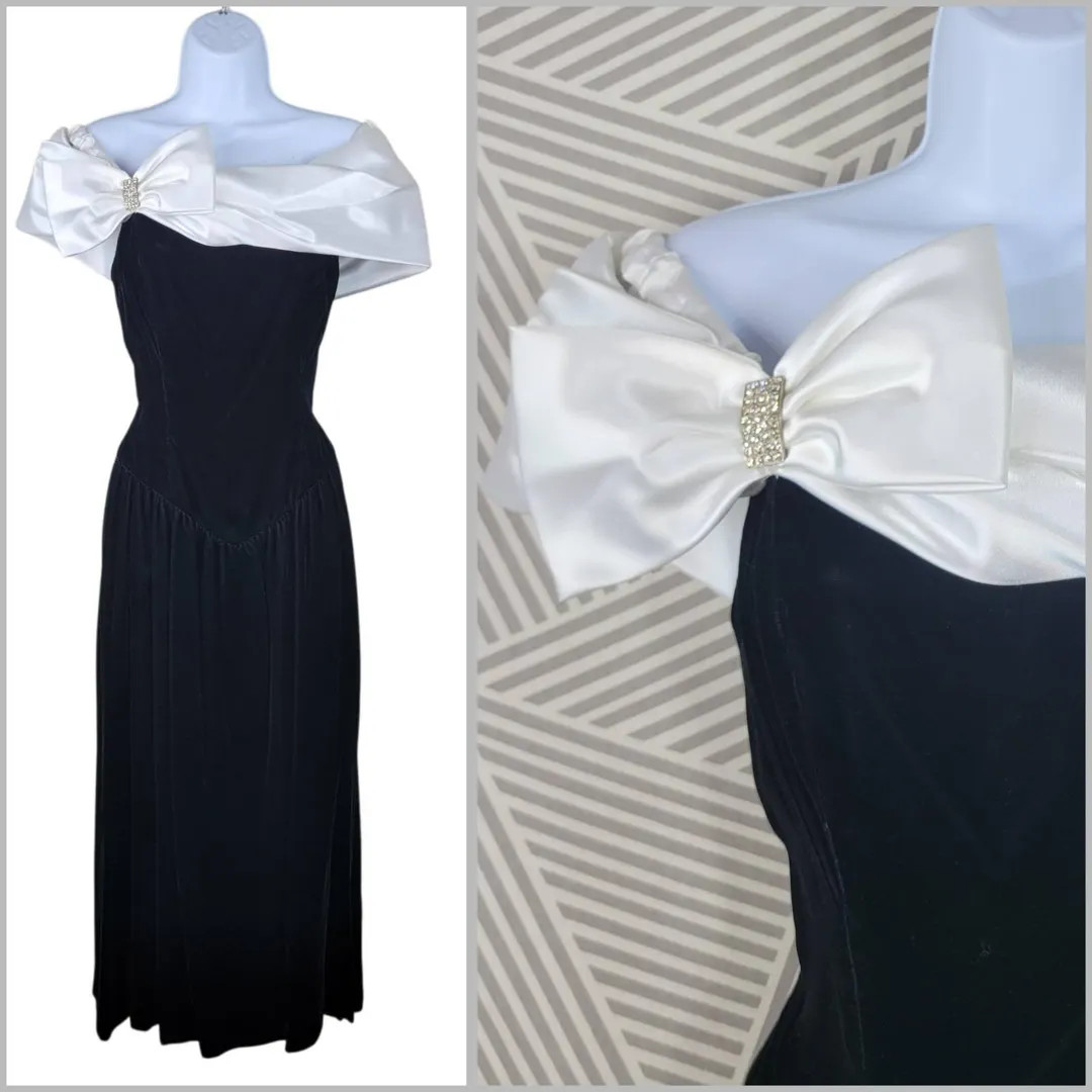 Vintage 80s Velvet Taffeta Formal Dress Sz 10 12 Ball Gown Bow Long Black White - Etsy | Etsy (US)