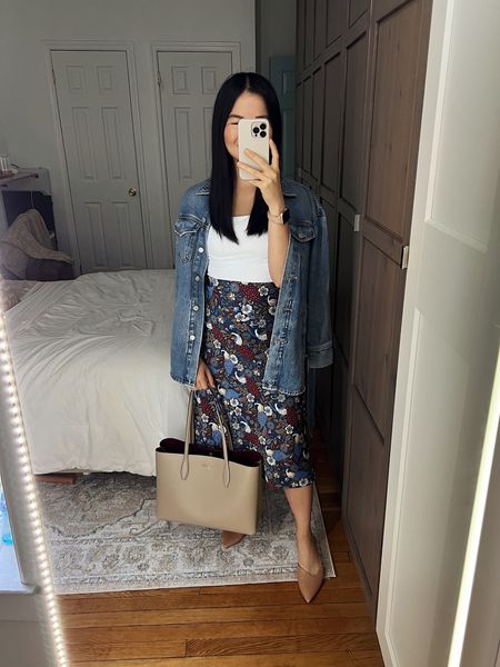 Long denim jacket (XSP)
White tank bodysuit (S)
Floral skirt (XSP)
Taupe tote bag
Brown pumps (1/2 size up)
Smart casual outfit
Casual fall outfit
Teacher outfit
LOFT outfit
Denim shacket
Tan mule pumps
Amazon fashion
Amazon shoes
Kate Spade tote bag

#LTKworkwear #LTKstyletip #LTKSeasonal