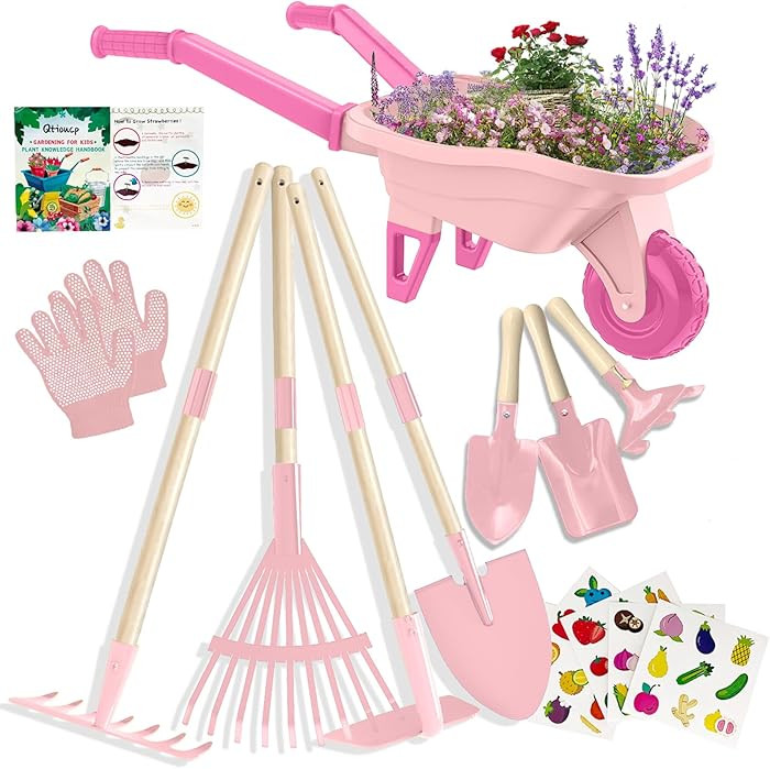 Kids Gardening Set with Wheelbarrow, Real Metal Garden Tools for Kids Ages 3-8, 4 Long Handle Too... | Amazon (US)