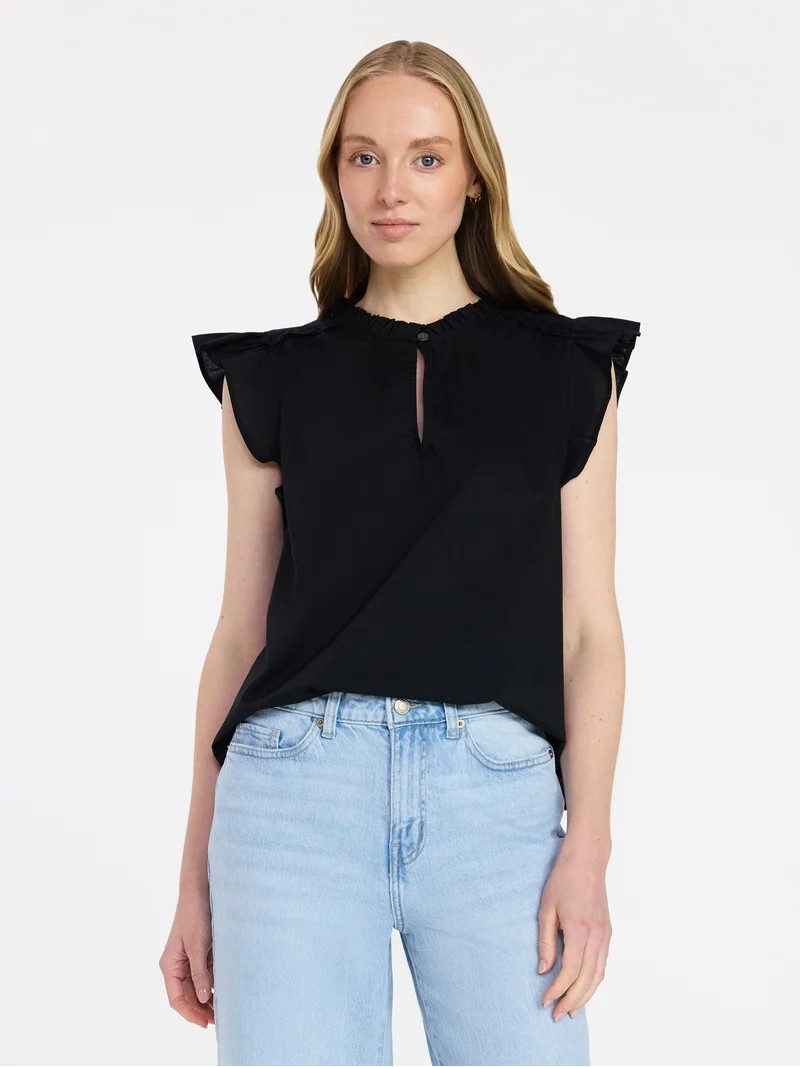 Time and Tru Women's Cotton Split Neck Top with Flutter Sleeves, Sizes XS-XXXL | Walmart (US)
