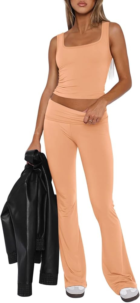 REORIA Women's Casual Outfits Soft Square Neck Sleeveless Tank Crop Tops Fold Over Flare Pants Y2... | Amazon (CA)