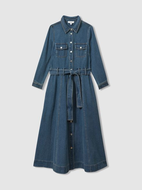 Elsa
                Belted Denim Midi Dress | Reiss UK