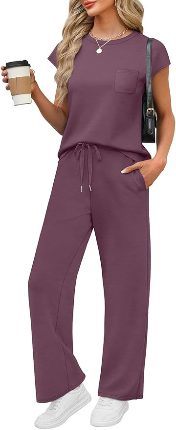 WIHOLL 2 Piece Sets for Women Casual Summer Travel Vacation Outfits Cap Sleeve Lounge Set | Amazon (US)