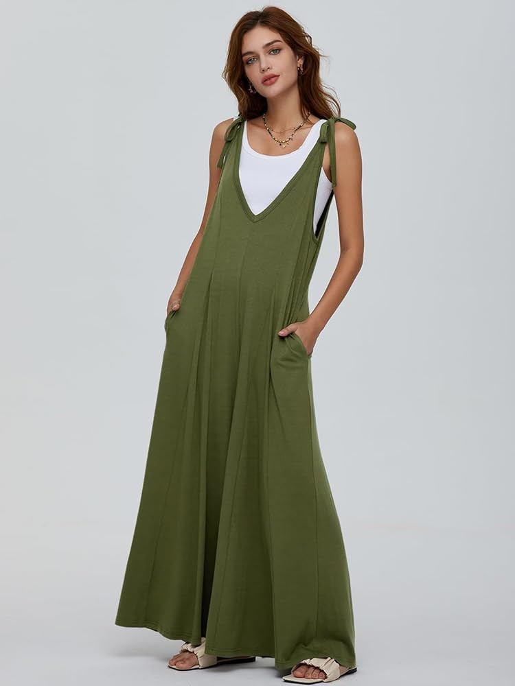 DEEP SELF Women's Summer Causal Jumpsuits Sleeveless Wide Leg Long Rompers V Neck Tie Strap Loose... | Amazon (US)