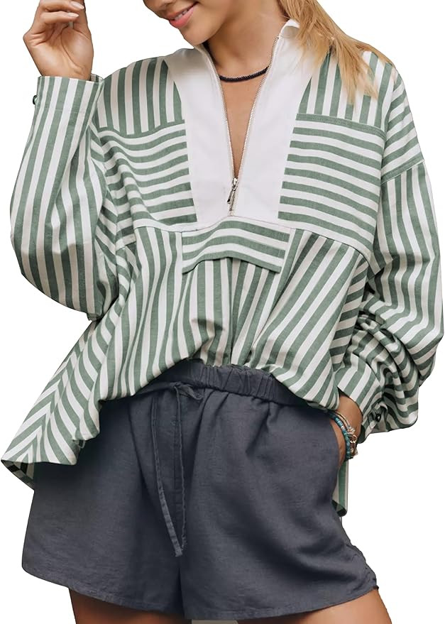 Women's Half Zip Striped Shirt Casual Ruffled Long Sleeve Oversized Loose Blouse Tops | Amazon (US)