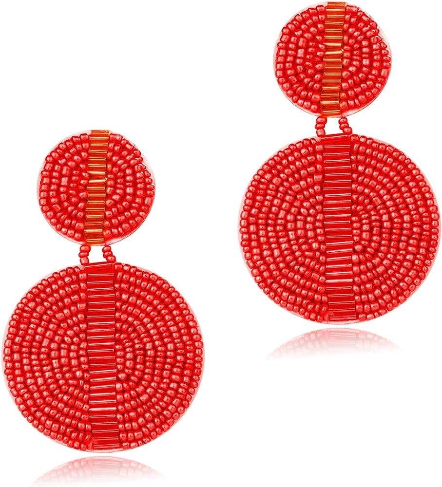 Finrezio Boho Beaded Earrings for Women Handmade Round Disc White Red Coffee Gray Statement Earri... | Amazon (US)