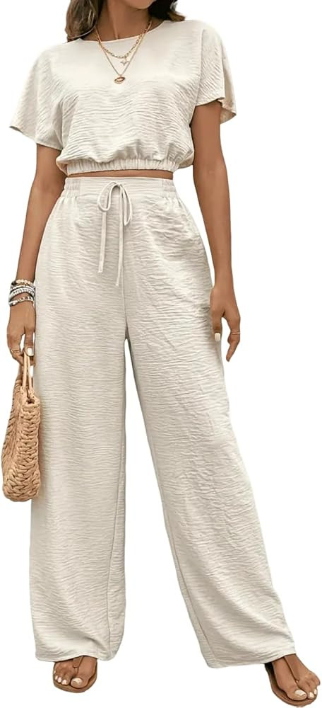 Women's Summer 2 Piece Outfits Short Sleeve Tops Wide Leg Printed Pants Lounge Sets | Amazon (US)