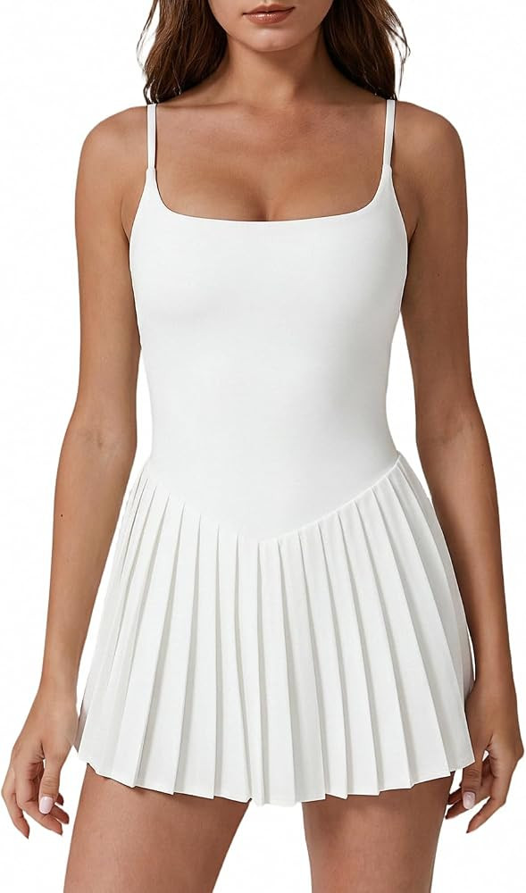 QINSEN Square Neck Spaghetti Straps Pleated Tennis Dress for Women Built-in Shorts with Pocket At... | Amazon (US)