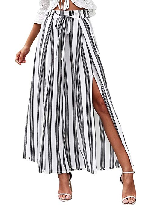 BerryGo Women's Boho High Waist Split Stripe Wide Leg Pants | Amazon (US)