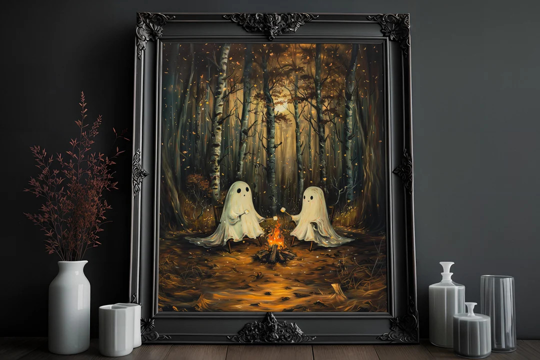 Cute Ghosts at Campfire Art, Ghosts With Marshmallow Art, Vintage Oil Painting, Cottagecore Artwo... | Etsy (US)