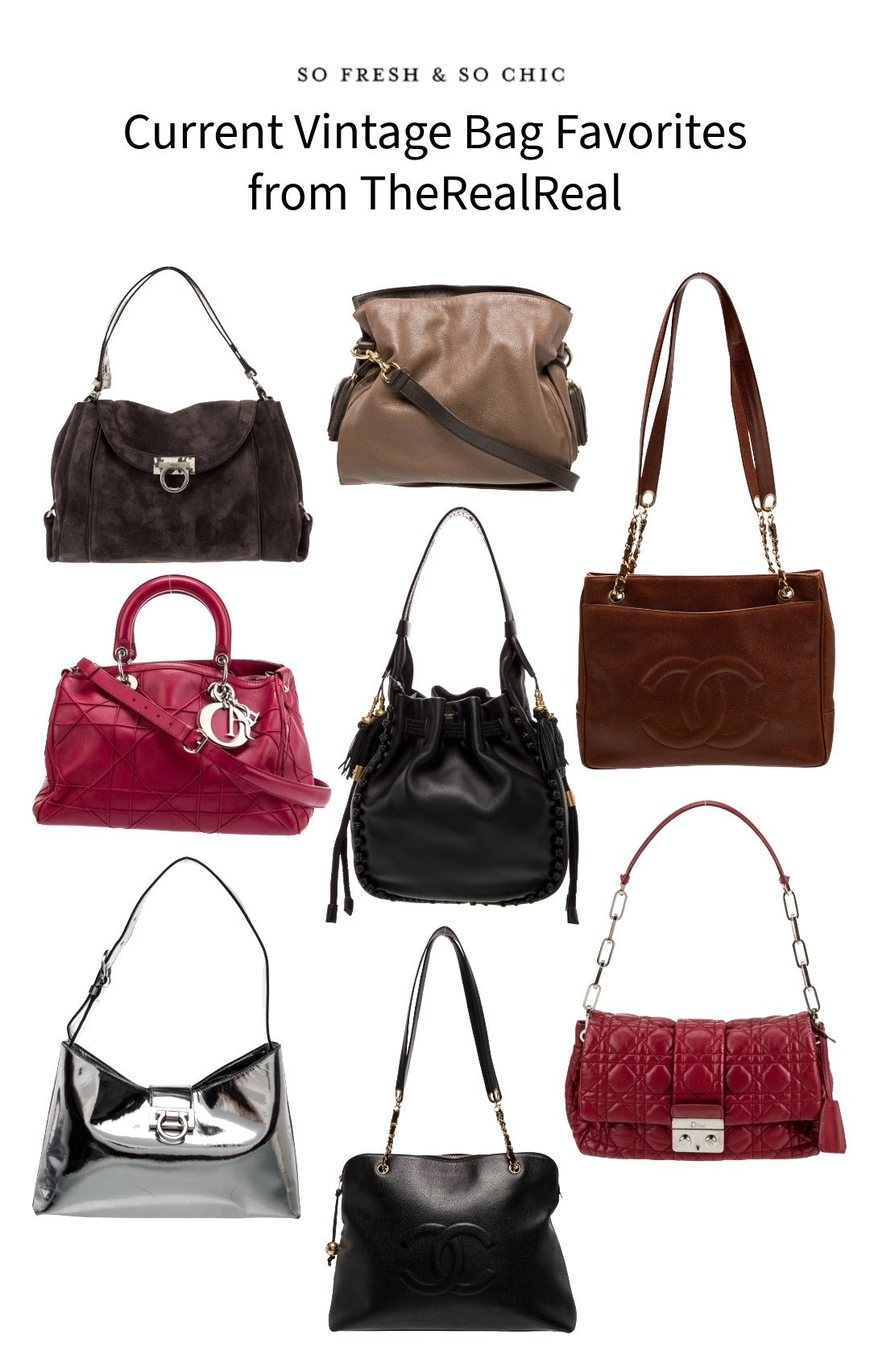 Current favorite bags from TheRealReal
-
Vintage designer bags - vintage Chanel tote / vintage Chanel suede brown tote - vintage Ferragamo bag - vintage metallic silver leather Ferragamo bag - vintage Dior cannage shoulder bag - vintage suede bag silver hardware / vintage loewe flamenco bag - preloved bags - the real real favorites - the real real finds - affordable designer bags 

#LTKSaleAlert #LTKWorkwear #LTKootd