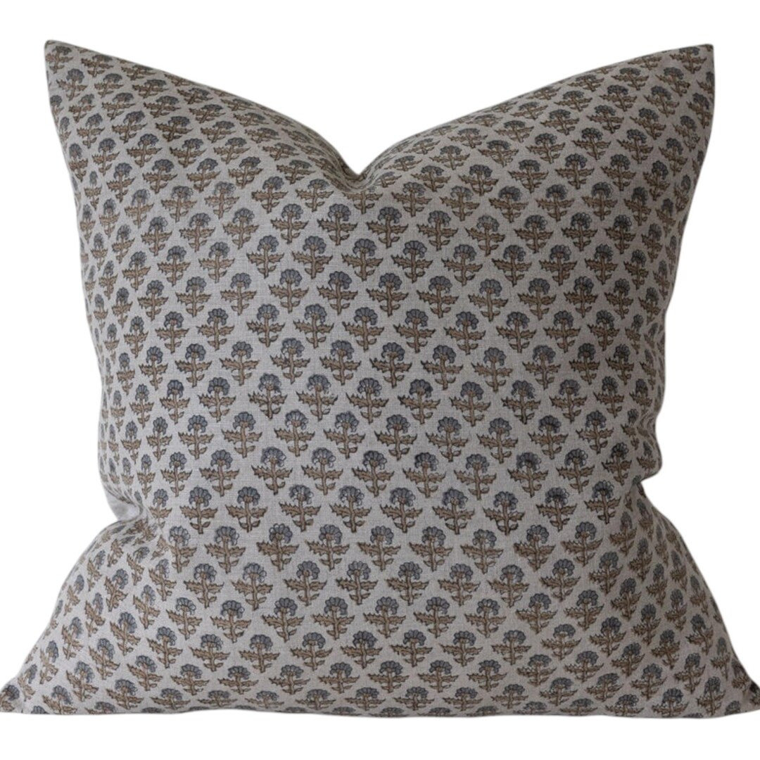 Designer "corinne" Block Print Floral Pillow Cover // Natural Tan Blue Linen Pillow Cover // Bout... | Etsy (US)