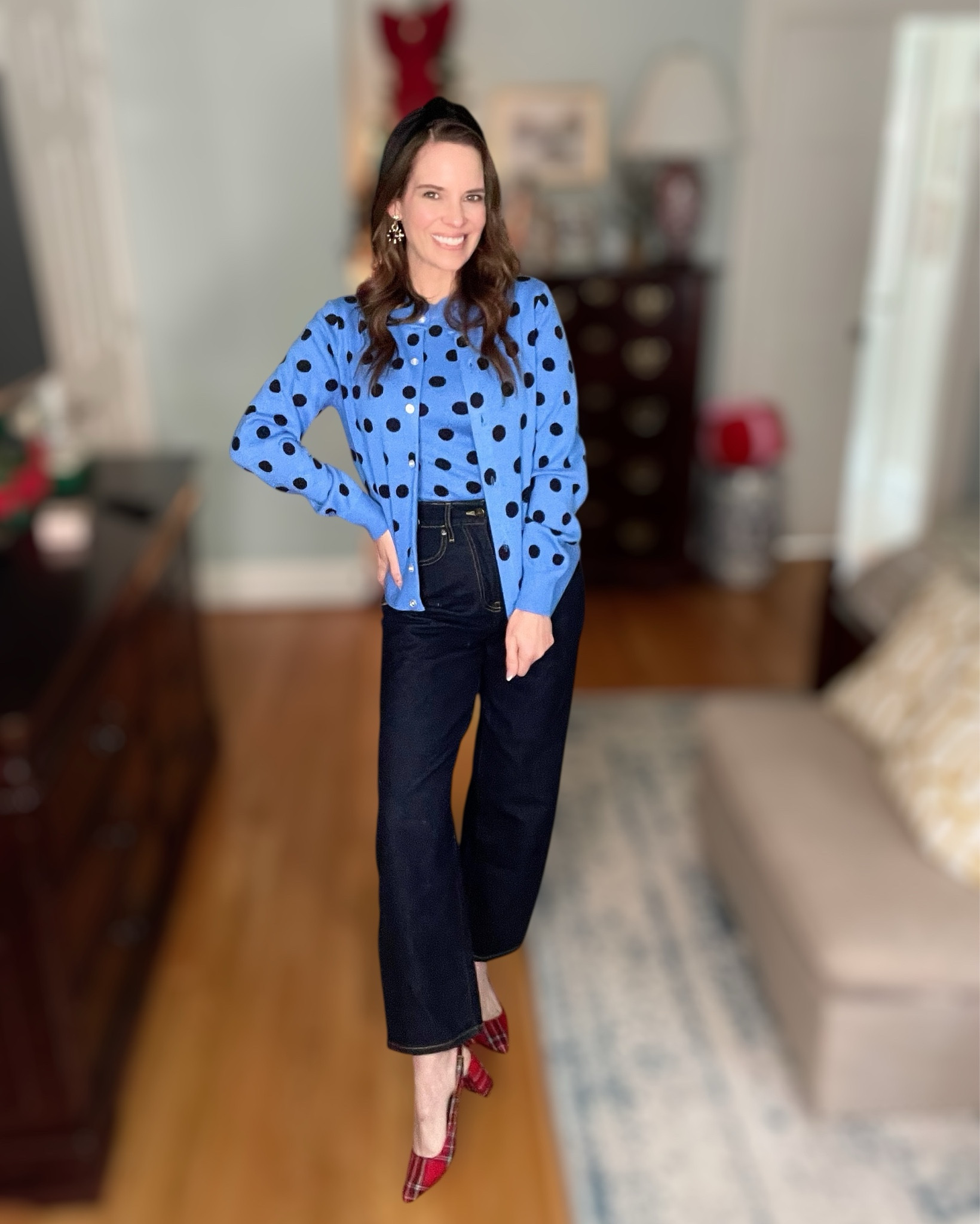 Polka Dot Perfection for Day to Night 💙🖤

This classic polka dot set is such an easy way to look pulled together without trying too hard ✨ I love the mix-and-match feel of the cardigan layered over the matching knit top — polished enough for work or lunch dates, but still comfortable and wearable all day. The rich blue paired with black dots feels timeless and chic, and the high-waisted dark denim keeps the look flattering and modern. Finished it off with plaid pointed-toe heels for a fun pop and statement earrings + a velvet headband to elevate the whole outfit 💫 Perfect for workwear, holiday parties, casual meetings, or everyday outfits when you want something effortless but stylish.

Polka dot outfit, cardigan set outfit, Walmart fashion finds, affordable workwear, classic outfit ideas, blue cardigan outfit, women’s knit top, fall winter outfit, chic everyday style, polished casual look, office outfit inspiration, holiday outfit ideas, budget friendly fashion, pointed toe heels outfit, statement earrings, velvet headband outfit, timeless style, women’s denim outfit, elevated basics, capsule wardrobe pieces

#LTKFindsUnder100 #LTKWorkwear #LTKFindsUnder50