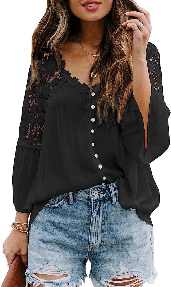 Canikat Women's V Neck Lace Crochet Flowy Bell Sleeve Button Down Casual T Shirts Blouses Tops | Amazon (US)