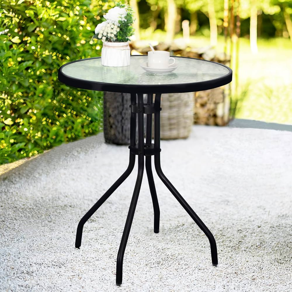 DIMAR GARDEN 24" Outdoor Side Table Patio Metal Round Bistro Coffee Table with Glass Top,Black | Amazon (US)