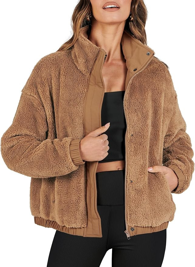 ANRABESS Women Sherpa Fleece Jackets Casual Long Sleeve Buttons Cropped Coat Winter Outwear | Amazon (US)