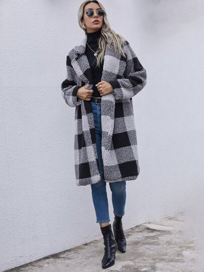 Open Front Gingham Teddy Coat | SHEIN