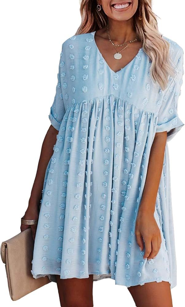 2021 Summer Women’s Mini Dress Short Sleeves Sexy V Neck Flowy Dress Swiss Dot Faux Short Loose... | Amazon (US)