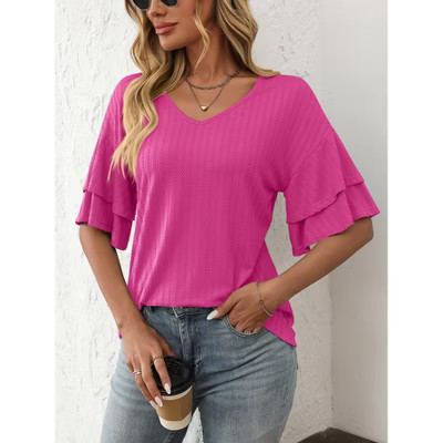 Coolmee Women's V Neck Tops Dressy  Ruffle Sleeve T Shirts Trendy Blouses Rose Red S | Target