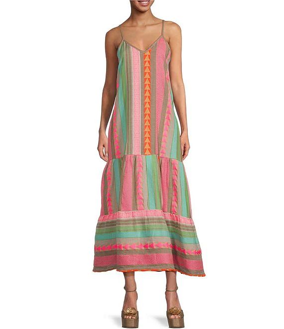 Spaghetti Strap V-Neck Stripe A-Line Maxi Dress | Dillard's