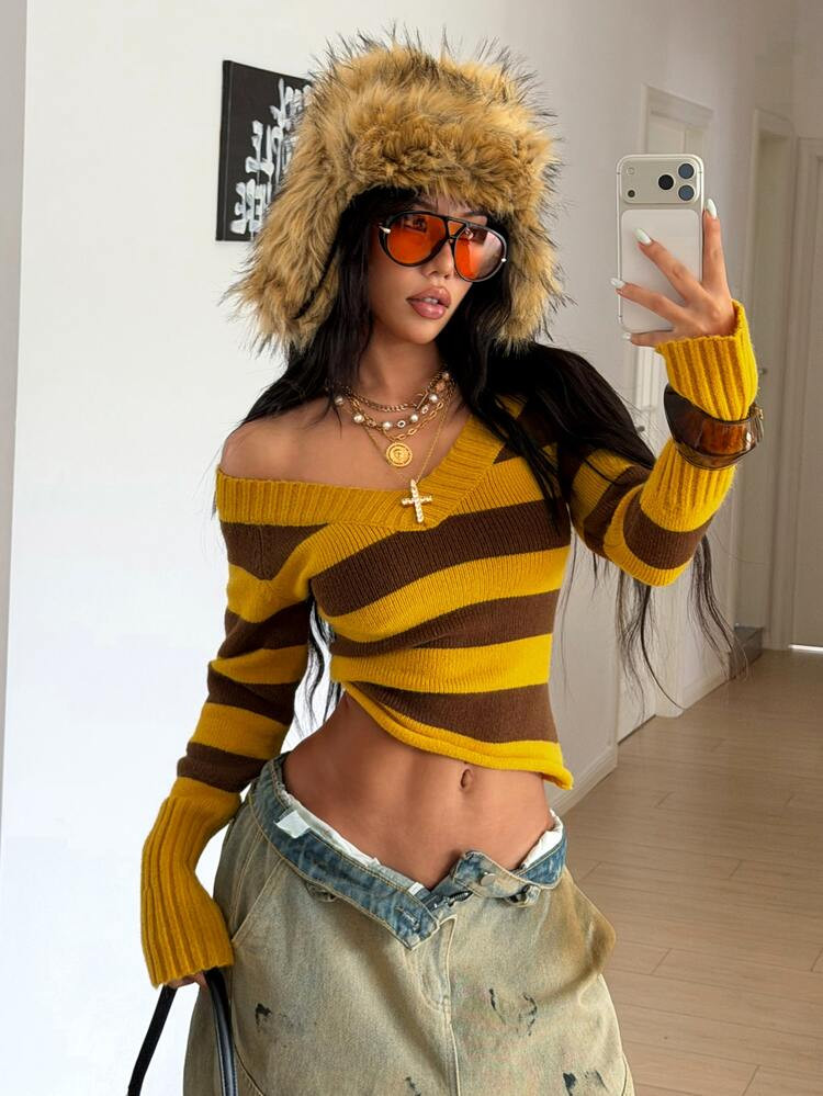 SHEIN HypeZone Women's Minimalist Street Style Yellow V-Neck Cold Shoulder Striped Fitted Knit Sw... | SHEIN